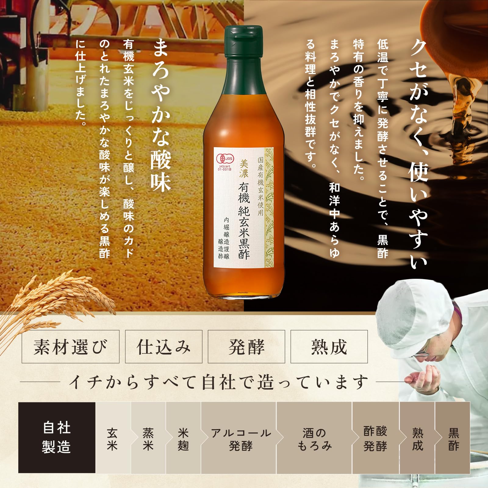 内堀醸造 美濃有機玄米黒酢 360mlの商品画像（パッケージ）